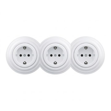 Kliklap - Priză retro triplă pentru casă, cu ramă, SCHUKO 230V, alb zăpadă
