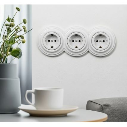 Kliklap - Priză retro triplă pentru casă, cu ramă, SCHUKO 230V, alb zăpadă