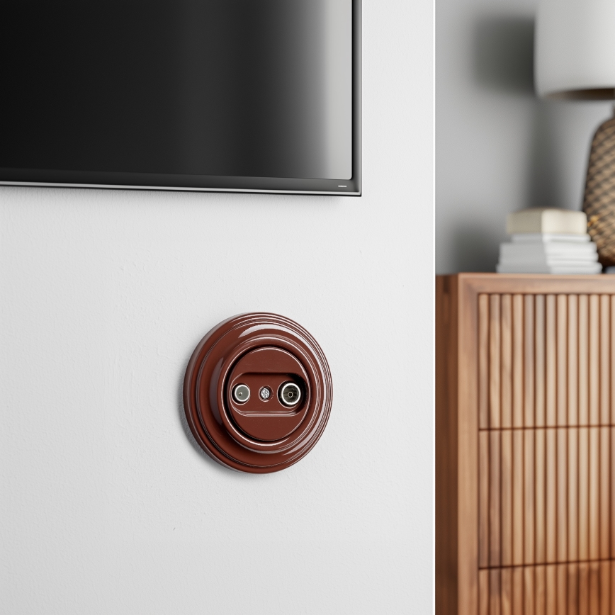 Kliklap - Priză terminală retro TV+R cu ramă, maro