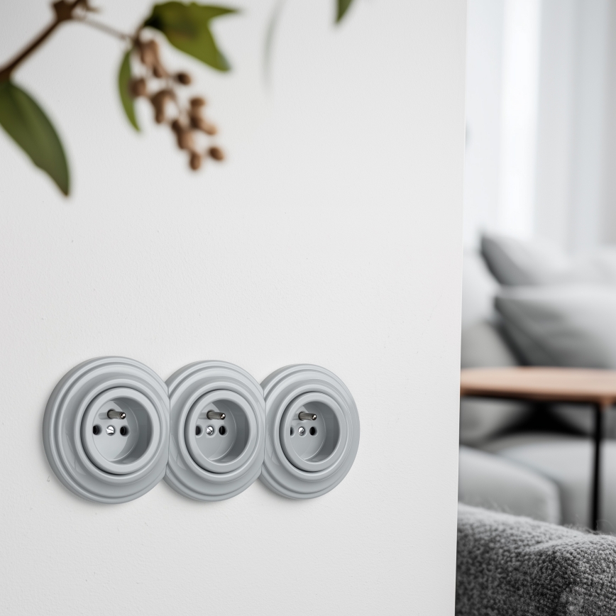 Kliklap - Priză triplă retro de perete cu ramă 230V gri