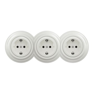 Kliklap - Priză triplă retro pentru uz casnic cu ramă SCHUKO, 230 V, ceramică, albă