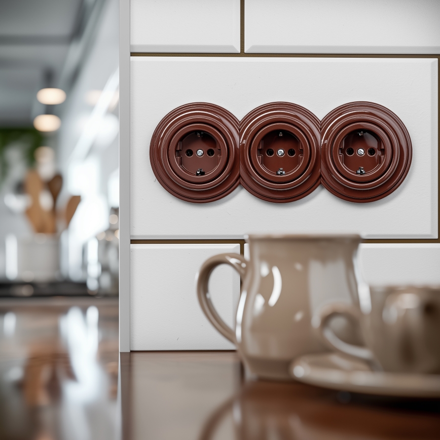 Kliklap - Priză triplă retro pentru uz casnic cu ramă SCHUKO, 230 V, maro