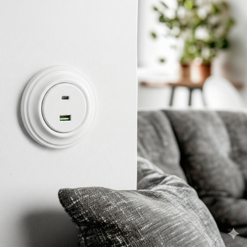 Kliklap - Priză USB retro A+C cu ramă, alb zăpadă