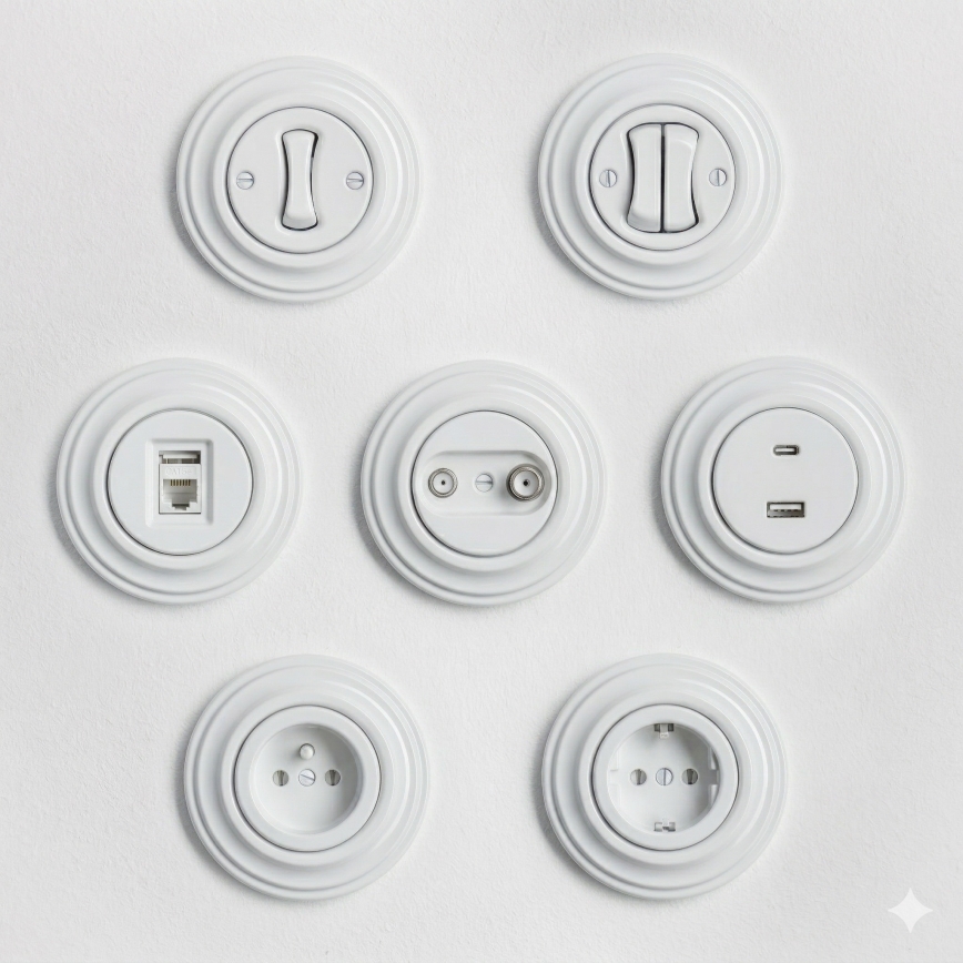 Kliklap - Priză USB retro A+C cu ramă, alb zăpadă