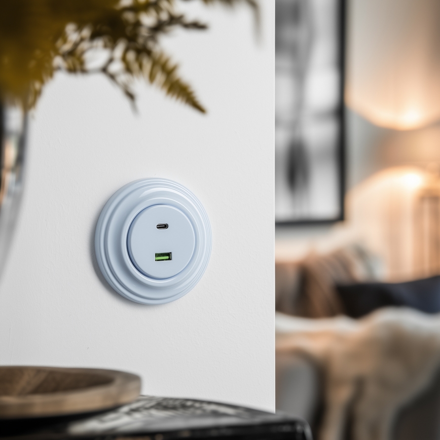 Kliklap - Priză USB retro A+C cu ramă albastră