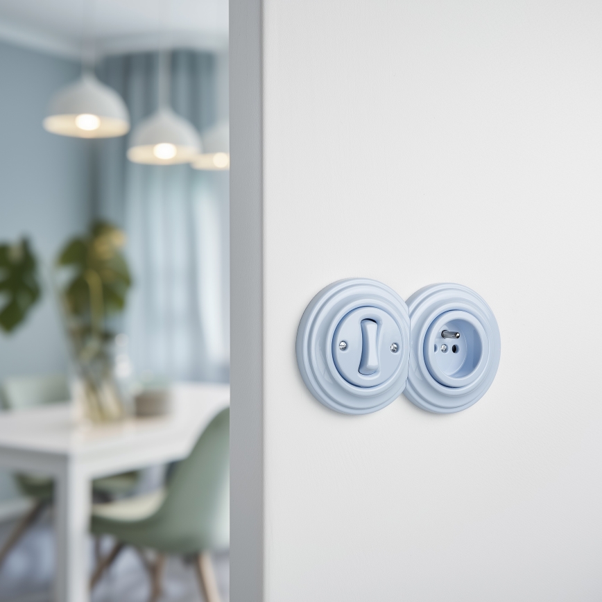 Kliklap - Retro întrerupător unipolar nr. 1 și priză 230 V, cu ramă albastră