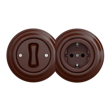 Kliklap – Retro: întrerupător unipolar nr. 1 și priză SCHUKO 230 V cu ramă, maro