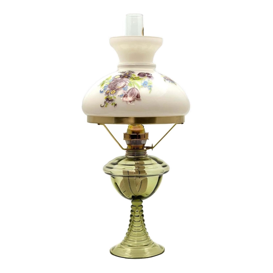 Lampă cu gaz lampant JASMÍNA 50 cm verde-pădure cu abajur floral