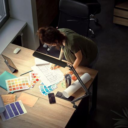 Lampă de birou LED flexibilă cu clemă, cu control tactil și reglare a intensității, 10W, 5 niveluri de luminozitate, 230V, 3000/4000/6000K, neagră