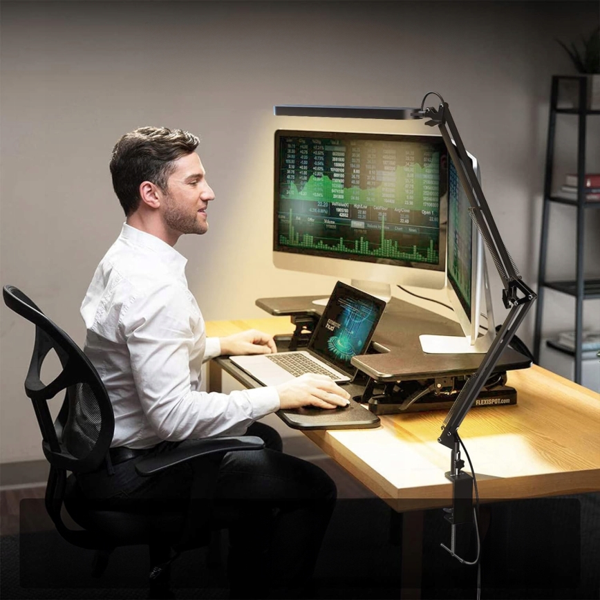 Lampă de birou LED flexibilă cu clemă, cu control tactil și reglare a intensității, 10W, 5 niveluri de luminozitate, 230V, 3000/4000/6000K, neagră