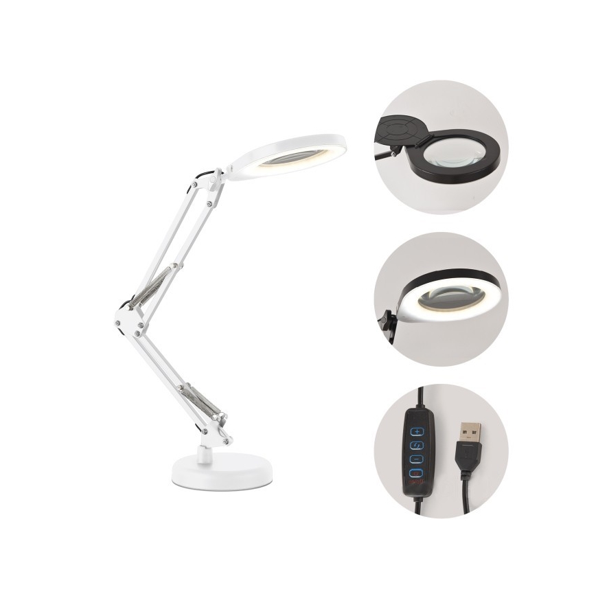 Lampă de birou LED reglabilă cu lupă 2 în 1 AURIQ LOUPE LED/10W/5V 3000/4000/6500K albă