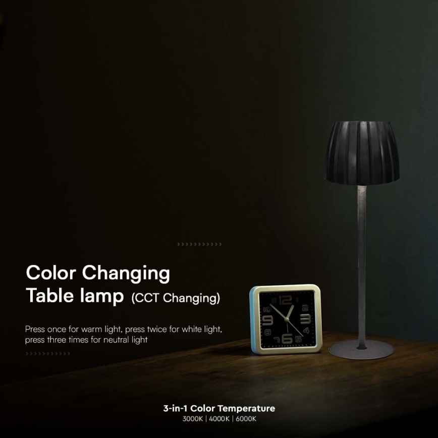 Lampă de birou LED încărcabilă cu touch, reglabilă, LED/2,7W/5V, temperaturi de culoare 3000/4000/6000K, baterie 1800 mAh, neagră