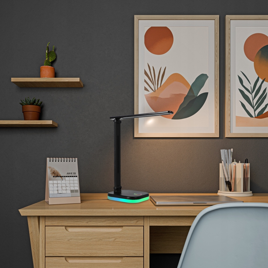 Lampă de birou LED RGBW dimabilă, cu încărcare wireless, 7W, 5V USB, negru