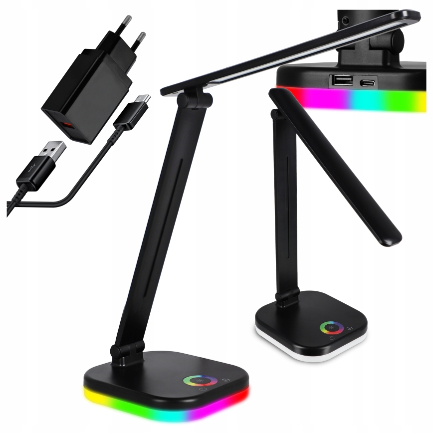 Lampă de birou LED RGBW dimabilă, cu încărcare wireless, 7W, 5V USB, negru