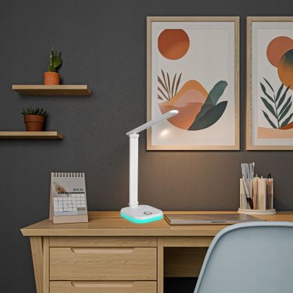 Lampă de birou LED RGBW dimabilă, cu încărcare wireless, LED/7W/5V USB, alb
