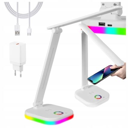 Lampă de birou LED RGBW dimabilă, cu încărcare wireless, LED/7W/5V USB, alb