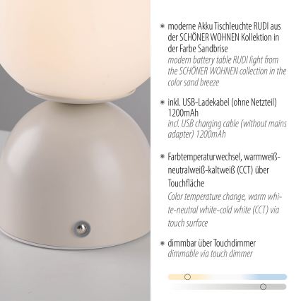 Schöner Wohnen 19218-39 - Lampă de masă LED RUDI, tactilă, reglabilă și încărcabilă, LED/1,2W/5V 3000-6000K 1200 mAh gri
