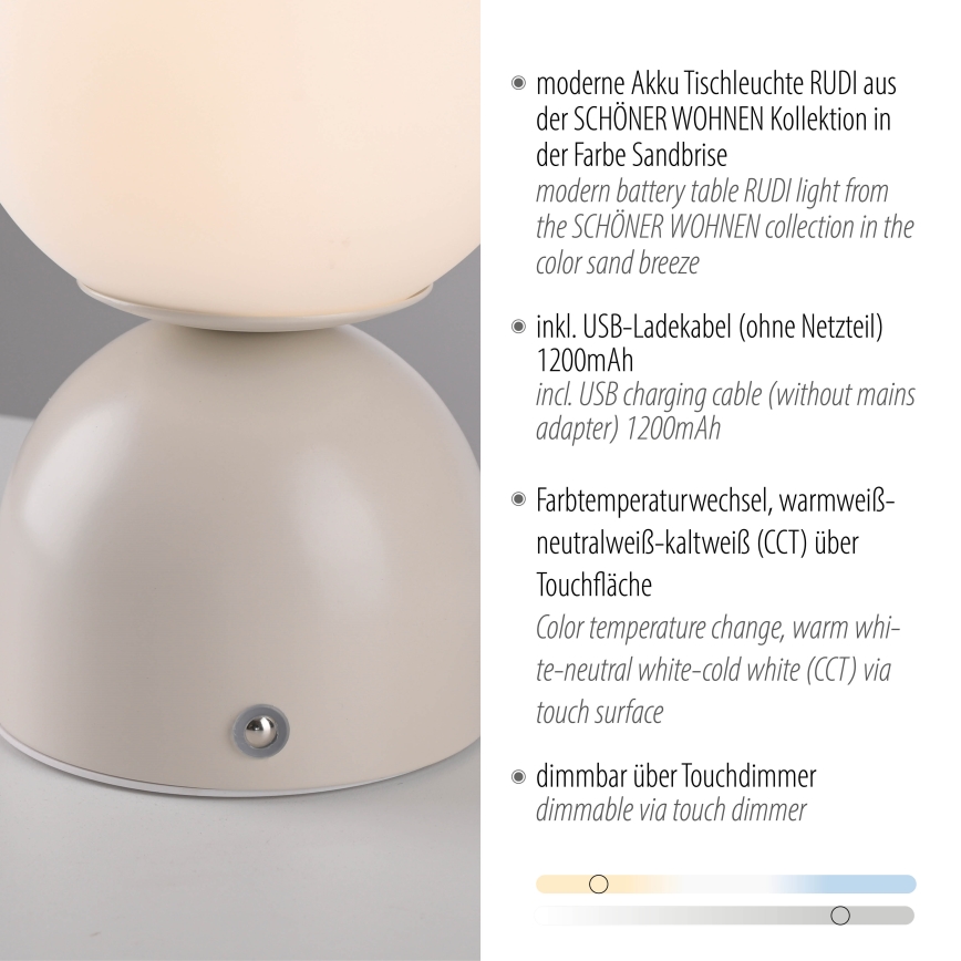Schöner Wohnen 19218-39 - Lampă de masă LED RUDI, tactilă, reglabilă și încărcabilă, LED/1,2W/5V 3000-6000K 1200 mAh gri