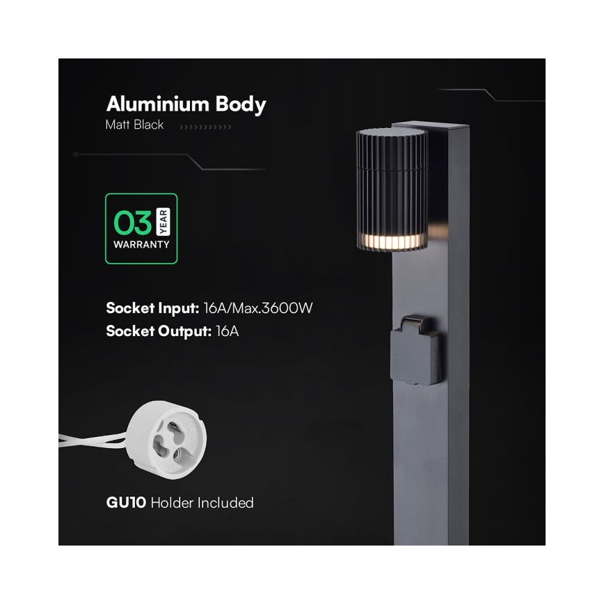 Lampă de exterior cu priză SCHUKO, soclu 1x GU10 (10W), 230V, IP44, 80 cm, neagră