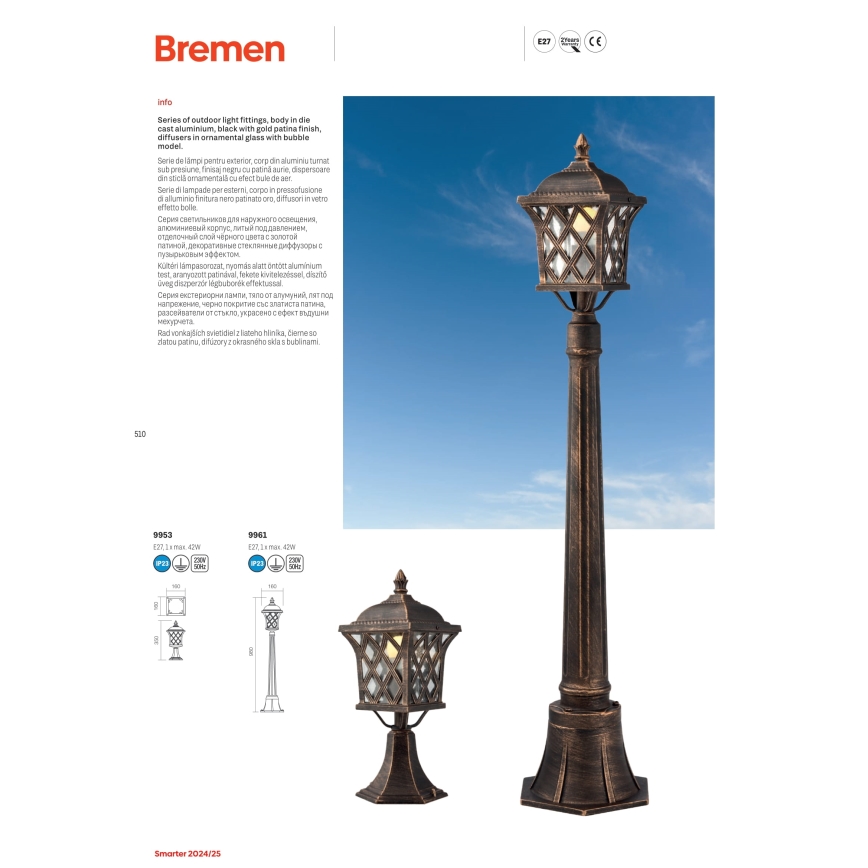 Lampă de exterior Redo 9961 BREMEN 1xE27/42W/230V IP23 auriu/patină