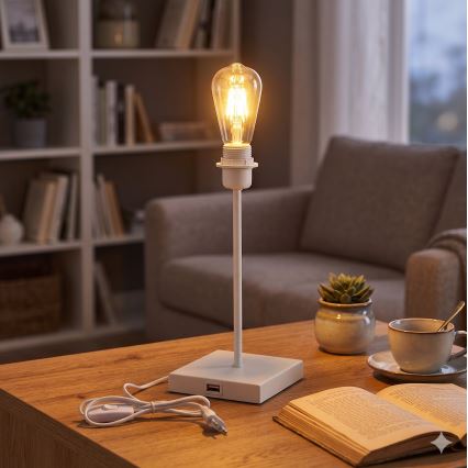 Lampă de masă cu port USB 1xE27/15W/230V, albă