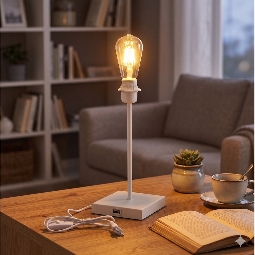 Lampă de masă cu port USB 1xE27/15W/230V, albă