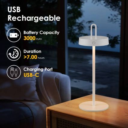 Lampă de masă tactilă LED dimmabilă, reîncărcabilă, pentru exterior, SHINE LED/1,5W/3,7V 3000 mAh IP44, albă