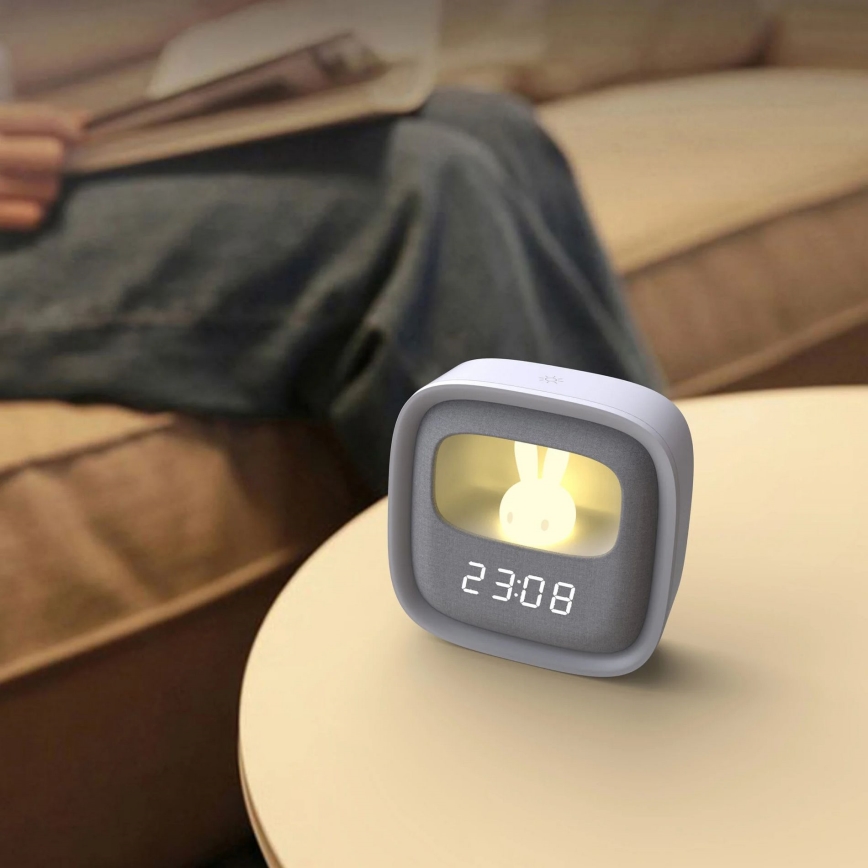 Lampă de noapte LED reglabilă cu ceas deșteptător BUNNY LED/1,2W/5V 3000K