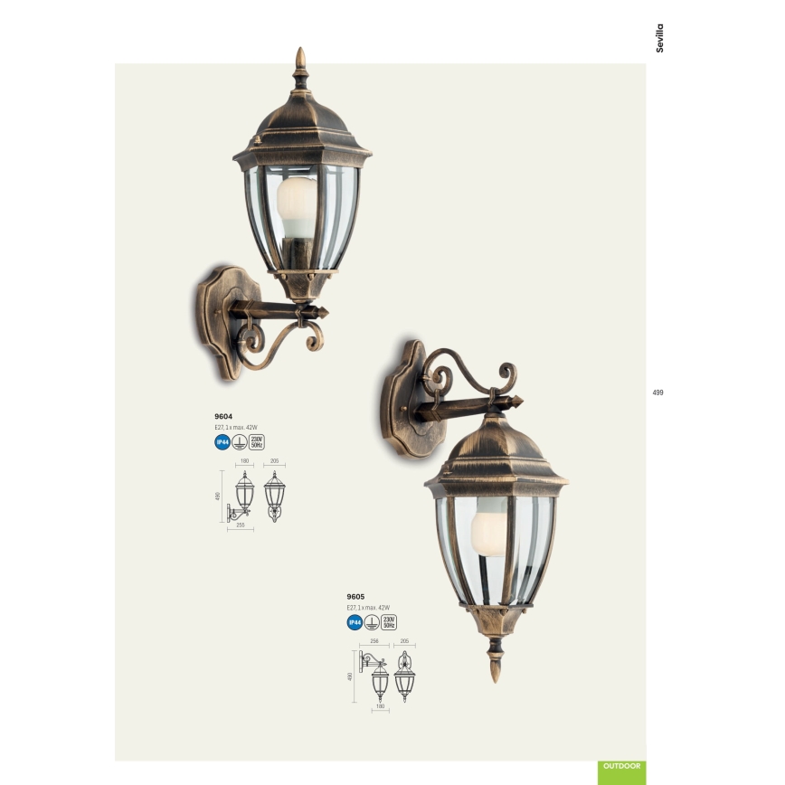 Lampă de perete de exterior Redo 9605 SEVILLA 1xE27/42W/230V IP44 auriu/patină