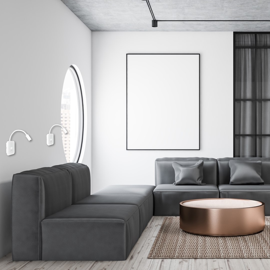 Lampă de perete flexibilă LED BASE cu USB, LED/8W + LED/2W/230V, albă