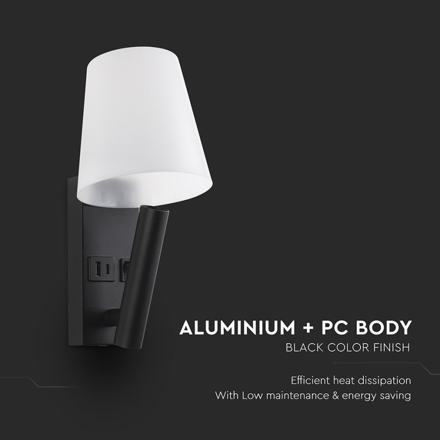 Lampă de perete LED cu port USB, 2W, 230V, 3000K, negru/alb