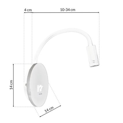 Lampă de perete LED flexibilă BASE cu USB, LED/8W+LED/2W/230V, alb/argintiu