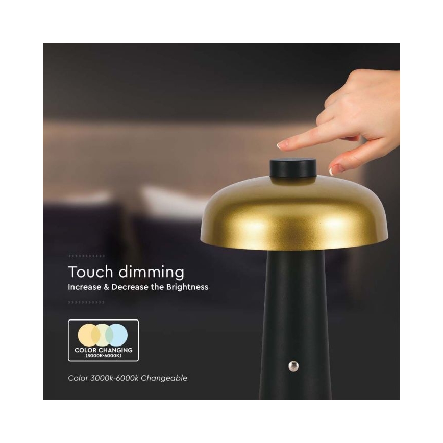Lampă de birou LED cu touch, reîncărcabilă, reglabilă, LED/3W/5V, 3000-6000K, 1800 mAh, negru/auriu