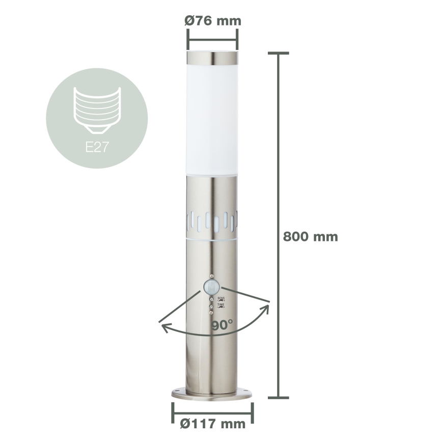 Lampă LED de exterior cu senzor Brilliant LEIGH LED/0,9W/230V + 1xE27/11W 80 cm IP44 crom lucios