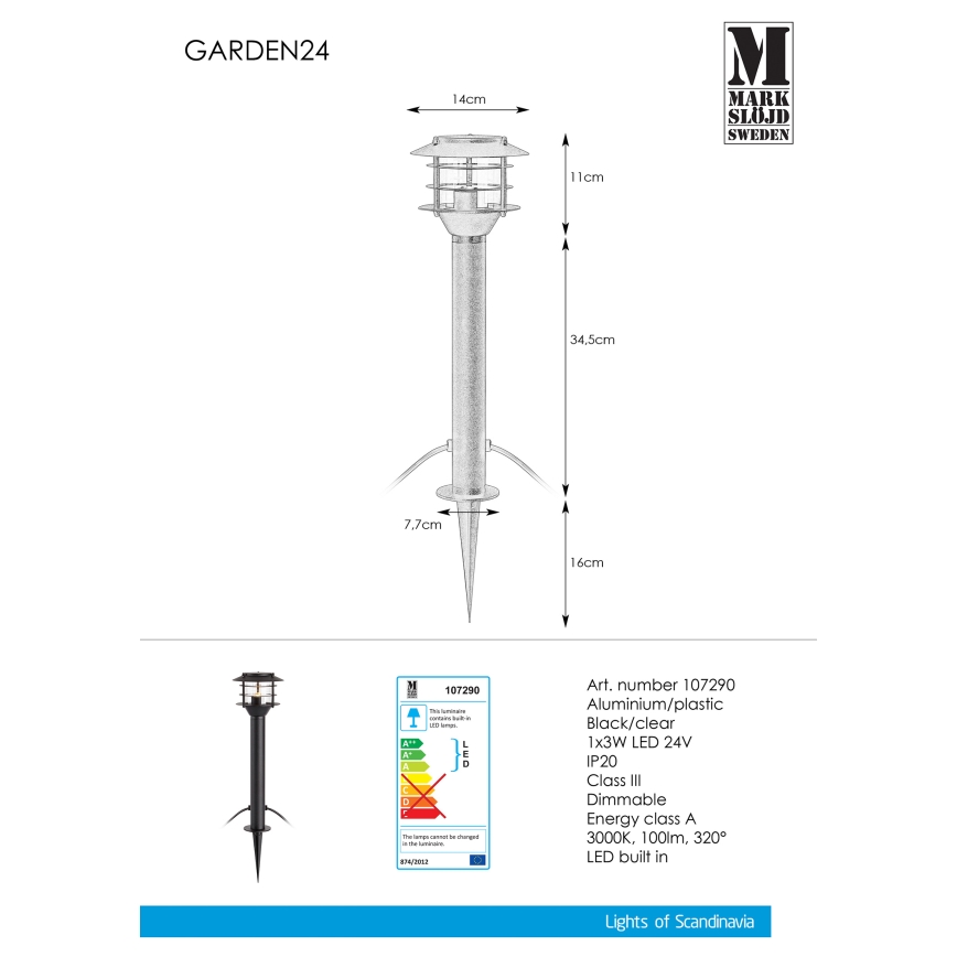 Lampă LED de exterior Markslöjd 107290 GARDEN 24 LED/3W/24V 45 cm IP44 negru