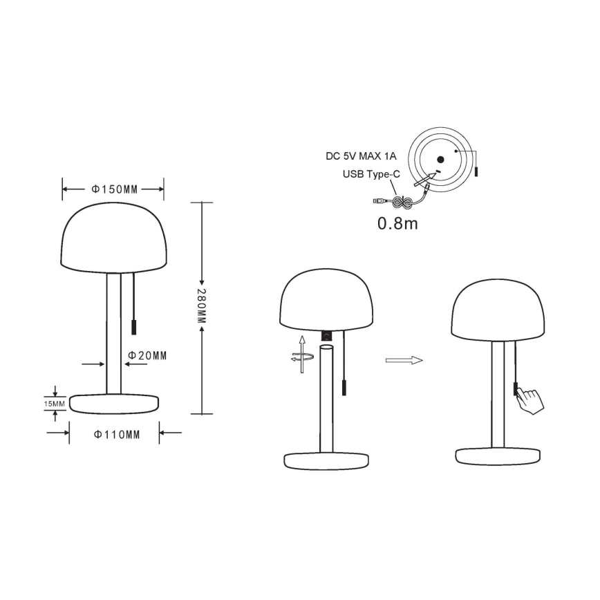 Lampă LED reîncărcabilă de masă Globo LED/1,5W/3,7V 3000/4200/6000K 1800mAh alamă