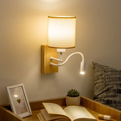 Lampă LED flexibilă de perete Brilagi NUBILA WOOD 1xE27/25W/230V + LED/3W stejar/maro deschis