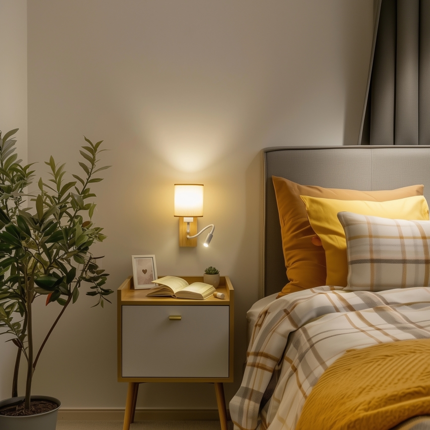 Lampă LED flexibilă de perete Brilagi NUBILA WOOD 1xE27/25W/230V + LED/3W stejar/maro deschis