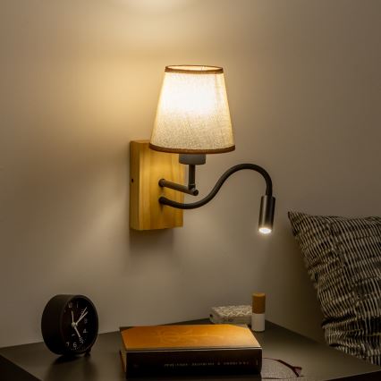 Lampă LED flexibilă de perete Brilagi NUBILA WOOD 1xE27/25W/230V + LED/3W stejar/maro