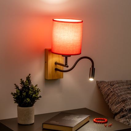Lampă LED flexibilă de perete Brilagi NUBILA WOOD 1xE27/25W/230V + LED/3W stejar/roșu