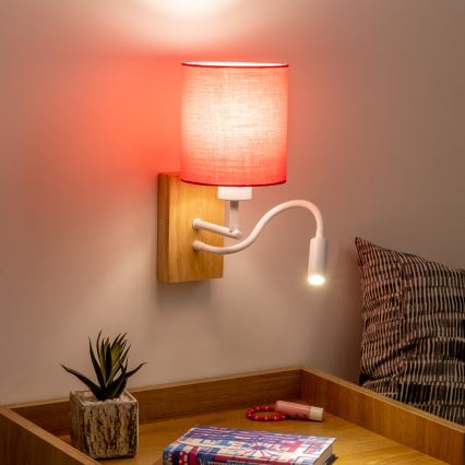 Lampă LED flexibilă de perete Brilagi NUBILA WOOD 1xE27/25W/230V + LED/3W stejar/roz