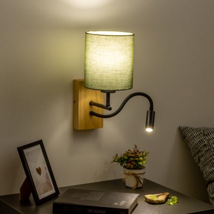 Lampă LED flexibilă de perete Brilagi NUBILA WOOD 1xE27/25W/230V + LED/3W stejar/verde