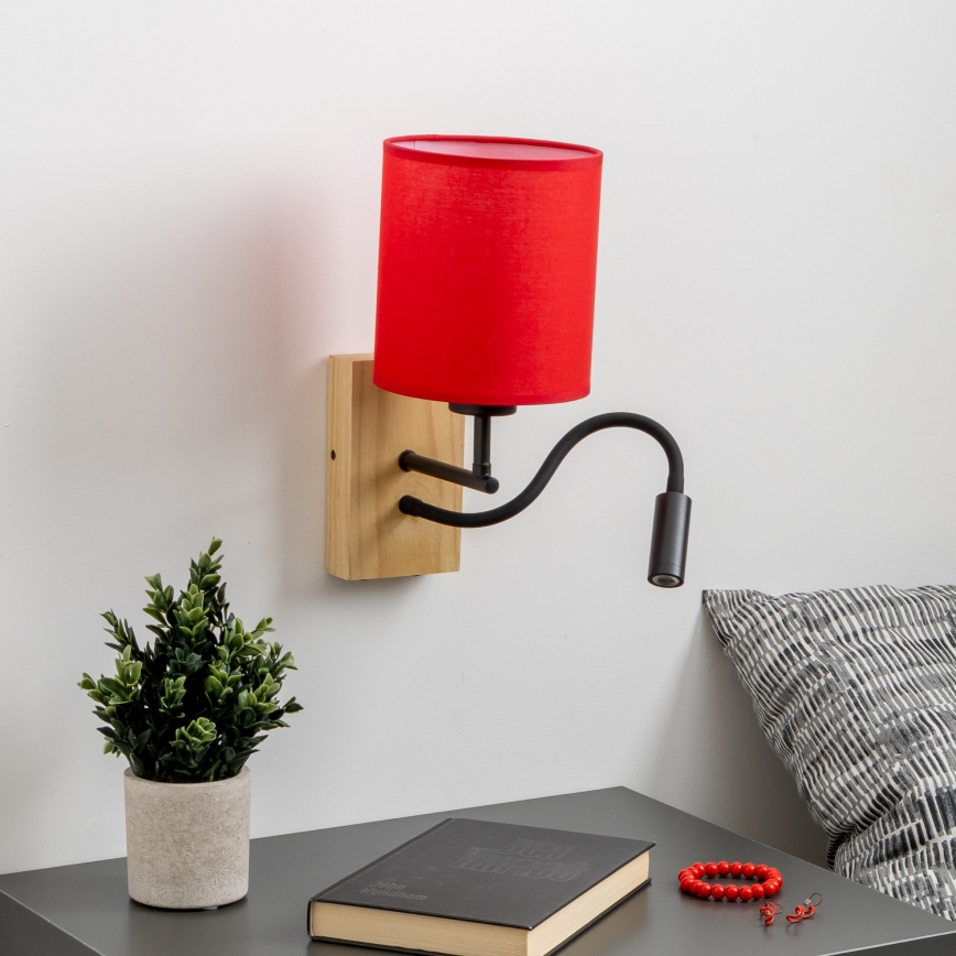 Lampă LED flexibilă de perete Brilagi NUBILA WOOD 1xE27/25W/230V + LED/3W stejar/roșu