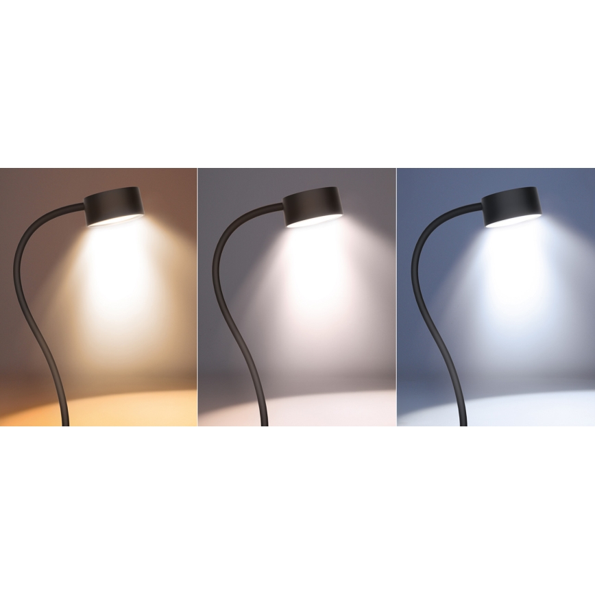Lampă LED flexibilă reîncărcabilă dimabilă de masă cu clemă LED/2W/1800 mAh 3000/4000/6500K negru