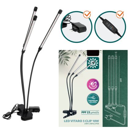 Lampă de birou flexibilă LED reglabilă cu clemă pentru cultivarea plantelor VITARO 3xLED/10W/230V negru