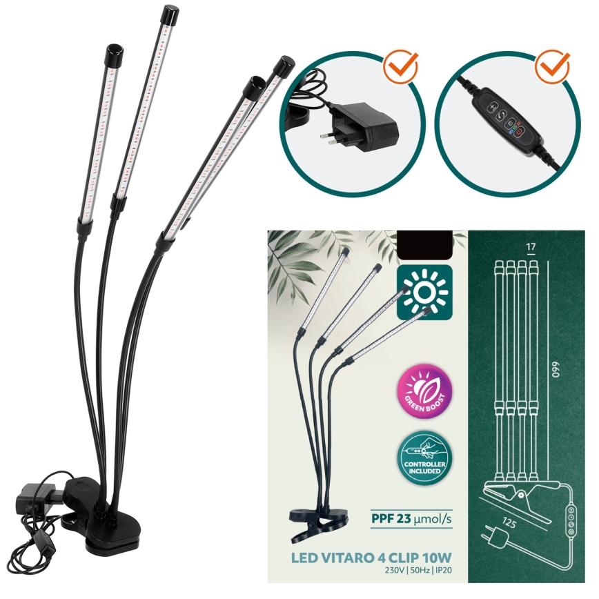Lampă de birou flexibilă LED reglabilă cu clemă pentru cultivarea plantelor VITARO 4xLED/10W/230V negru
