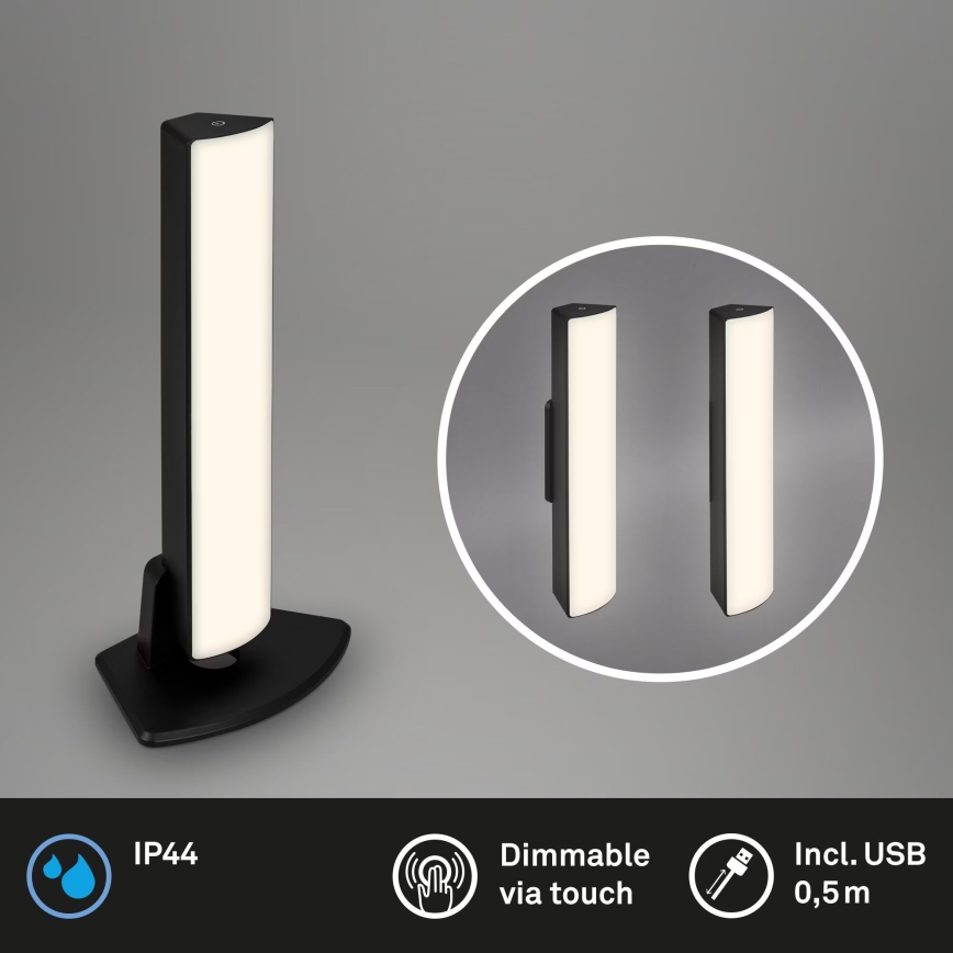 Lampă LED reîncărcabilă tactilă dimabilă de masă de exterior 2 în 1 Briloner 7474-015 LED/7W/5V 2200 mAh USB 3000K IP44 negru