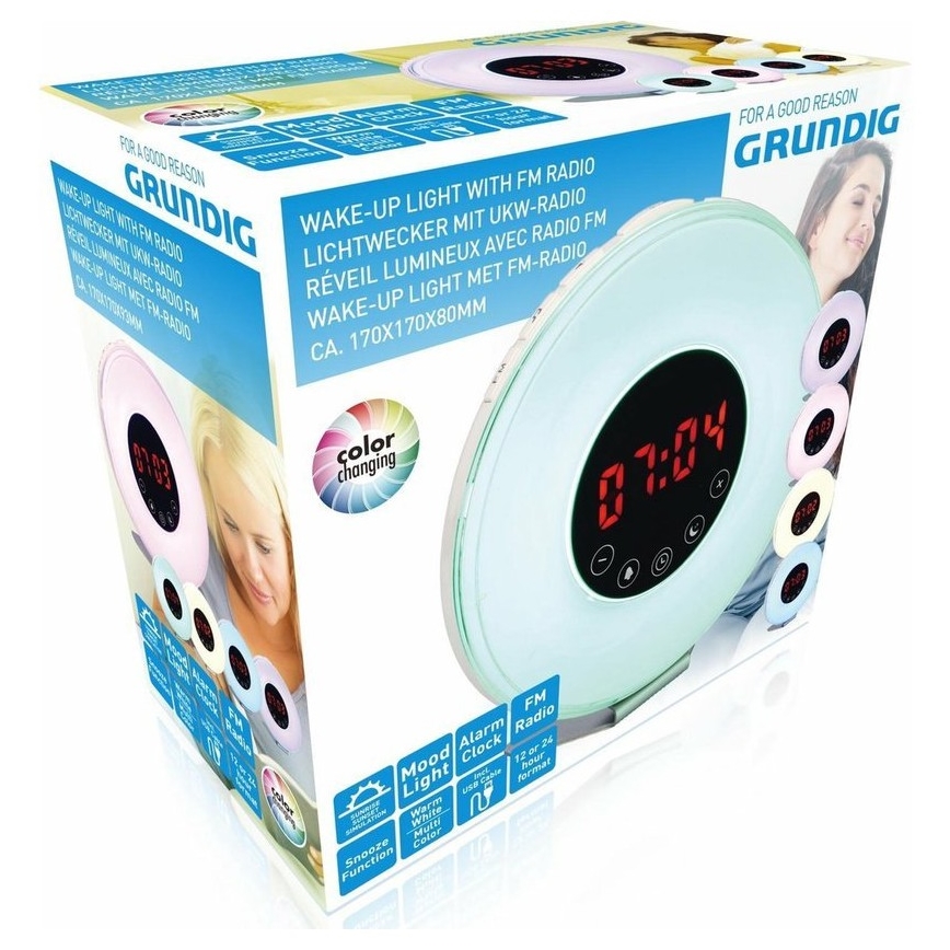 Lampă LED RGB de veghe cu ceas deșteptător și radio FM LED/5W/5V Grundig