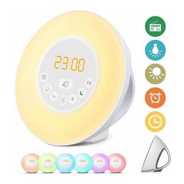 Lampă LED RGB de veghe dimabilă cu ceas deșteptător și radio FM LED/5V/3xAAA Grundig