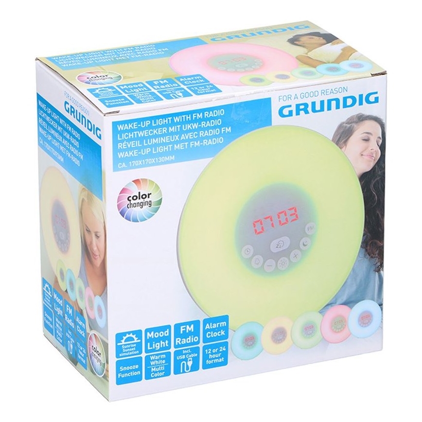 Lampă LED RGB de veghe dimabilă cu ceas deșteptător și radio FM LED/5V/3xAAA Grundig